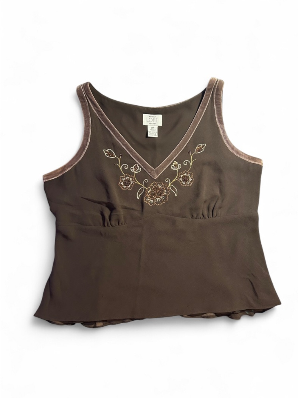 LOFT Brown V-Neck Embroidered Velvet-Trim Tank